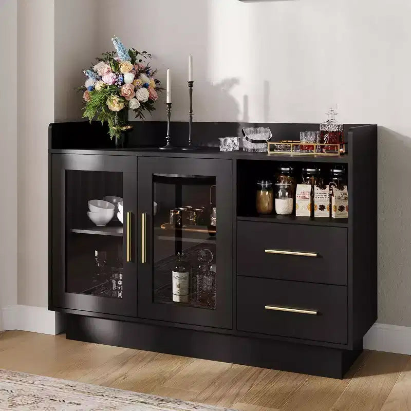 Schwarzer Weinschrank und Kaffeebar mit Doppelglastüren