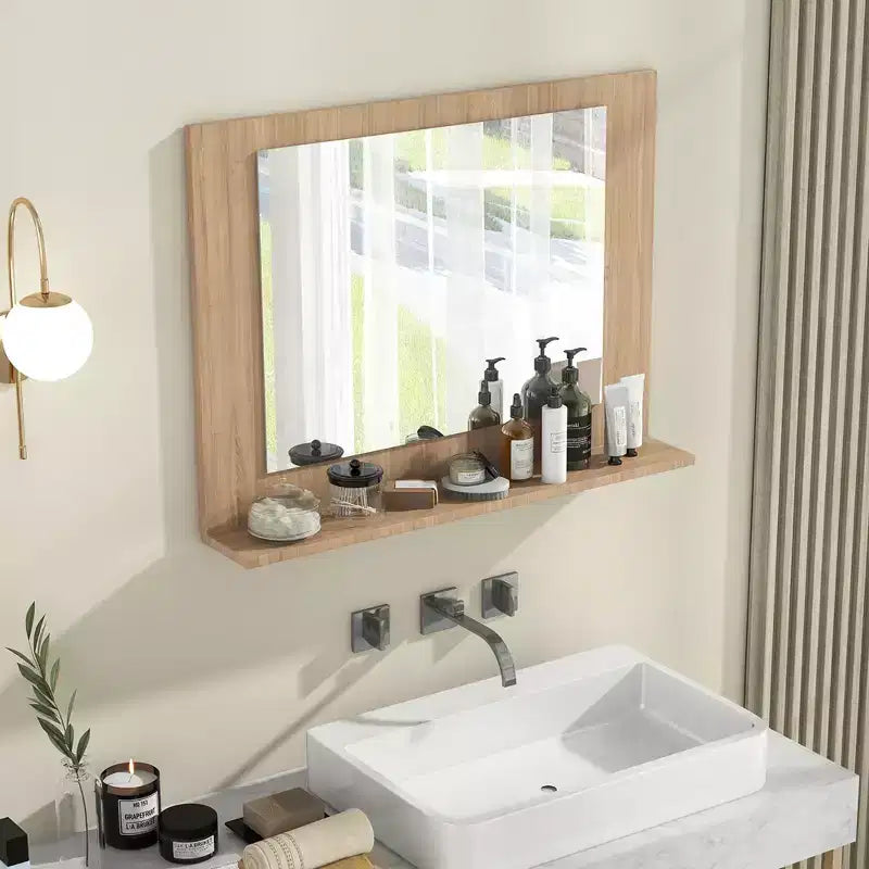 Miroir de salle de bains avec étagère, miroir de coiffeuse à cadre rectangulaire en bois