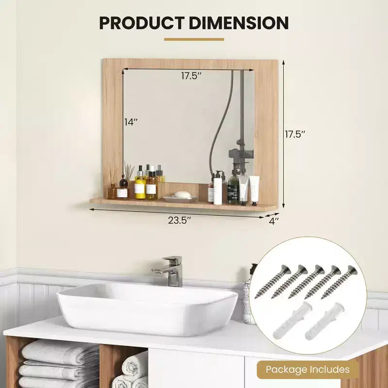 Miroir de salle de bains avec étagère, miroir de coiffeuse à cadre rectangulaire en bois