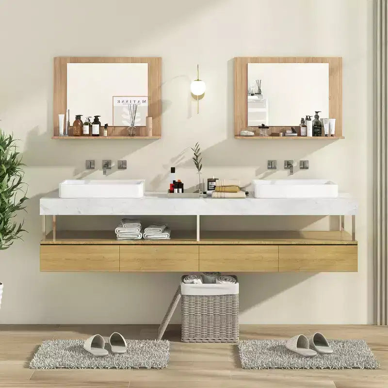 Miroir de salle de bains avec étagère, miroir de coiffeuse à cadre rectangulaire en bois