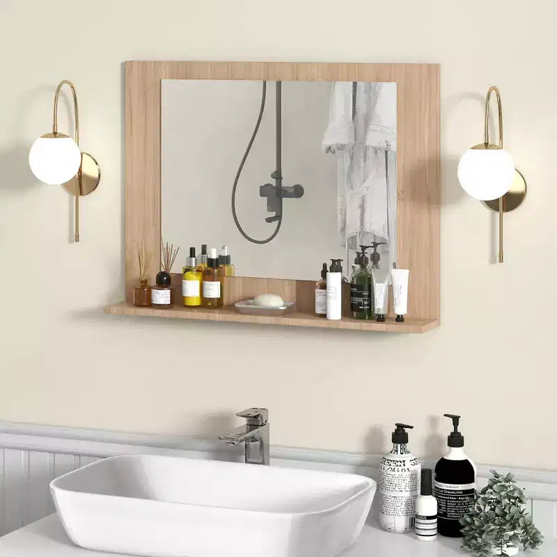 Miroir de salle de bains avec étagère, miroir de coiffeuse à cadre rectangulaire en bois