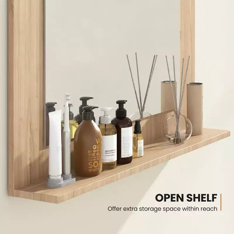 Miroir de salle de bains avec étagère, miroir de coiffeuse à cadre rectangulaire en bois