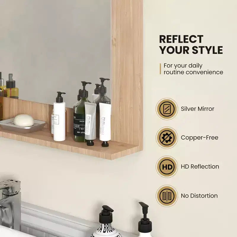 Miroir de salle de bains avec étagère, miroir de coiffeuse à cadre rectangulaire en bois