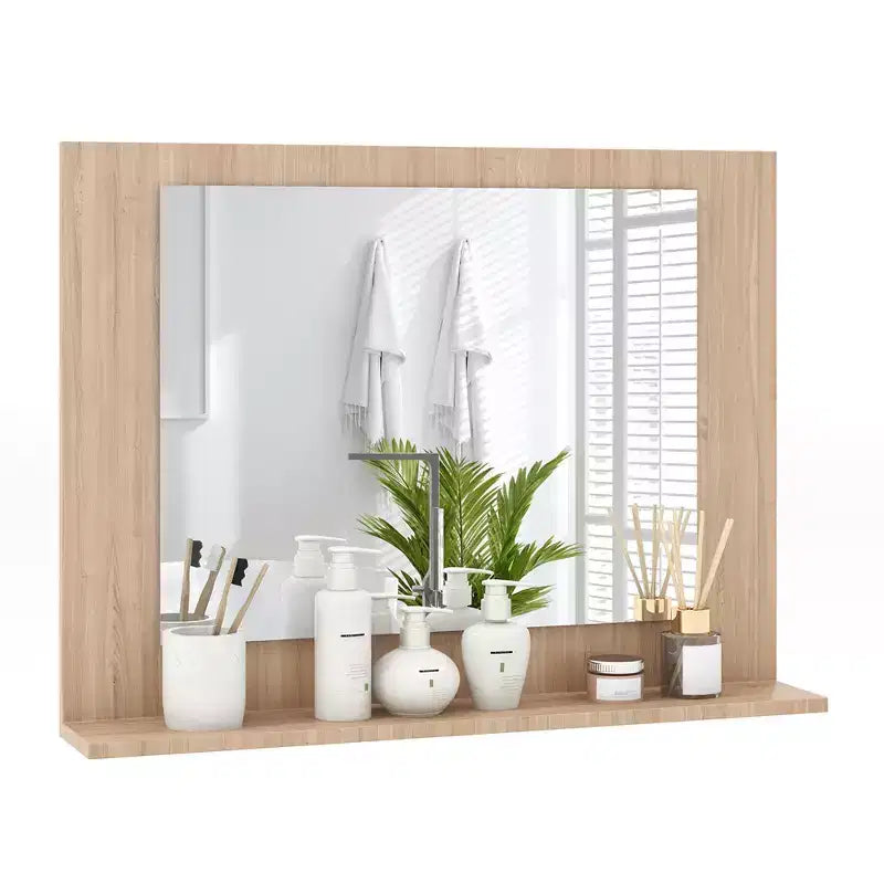 Miroir de salle de bains avec étagère, miroir de coiffeuse à cadre rectangulaire en bois