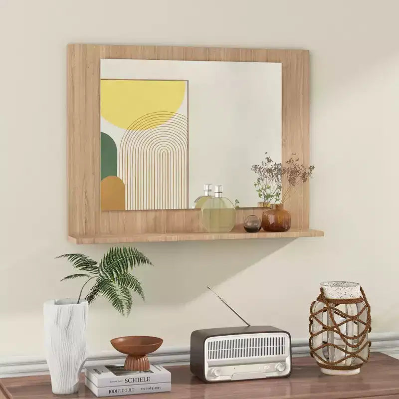 Miroir de salle de bains avec étagère, miroir de coiffeuse à cadre rectangulaire en bois