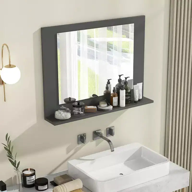Miroir de salle de bains avec étagère, miroir de coiffeuse à cadre rectangulaire en bois
