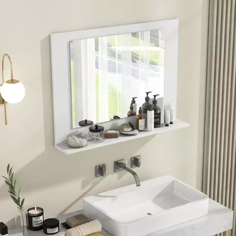 Miroir de salle de bains avec étagère, miroir de coiffeuse à cadre rectangulaire en bois