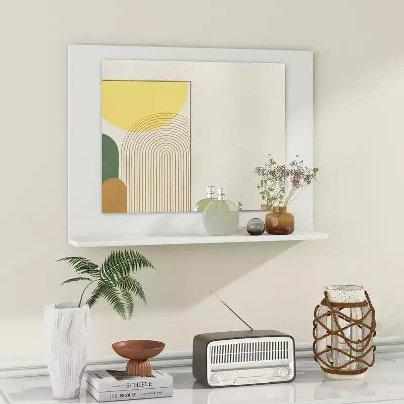 Miroir de salle de bains avec étagère, miroir de coiffeuse à cadre rectangulaire en bois