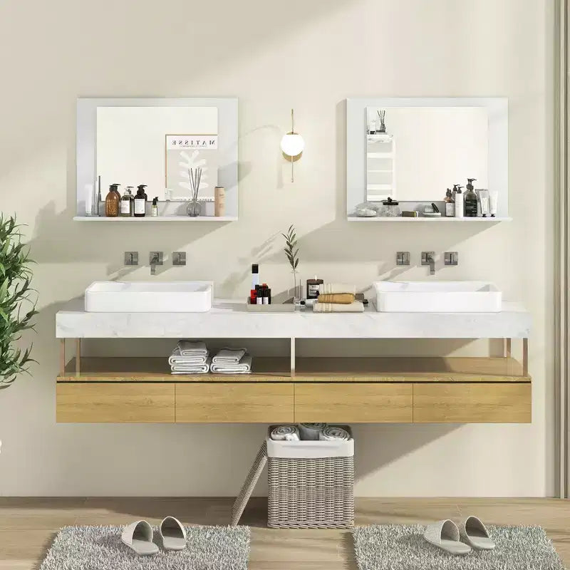 Miroir de salle de bains avec étagère, miroir de coiffeuse à cadre rectangulaire en bois