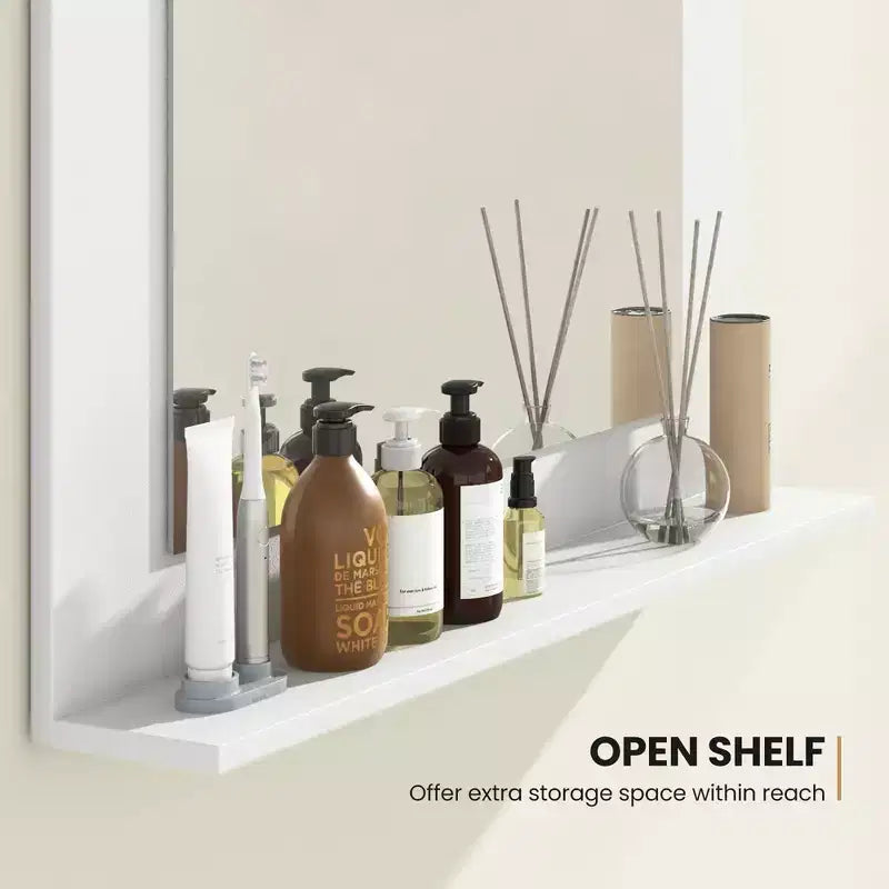Miroir de salle de bains avec étagère, miroir de coiffeuse à cadre rectangulaire en bois