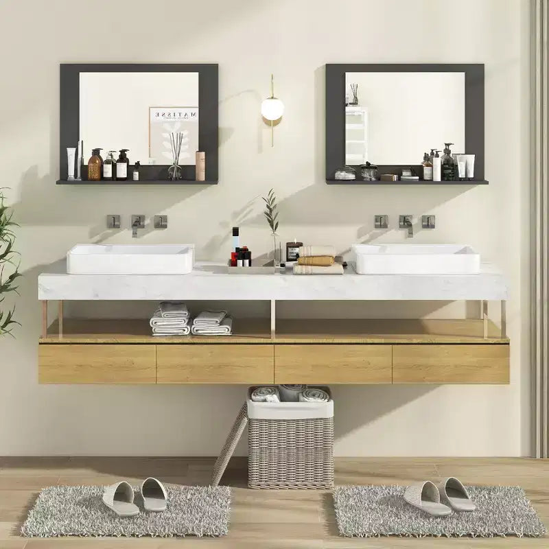 Badezimmerspiegel mit Ablage und rechteckigem Holzrahmen