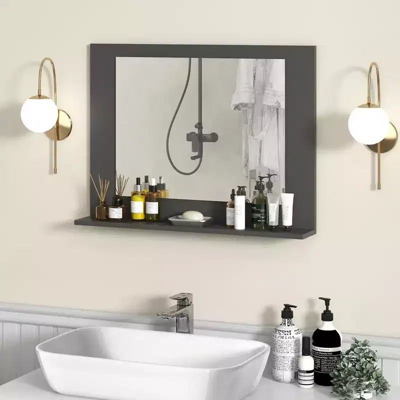 Badezimmerspiegel mit Ablage und rechteckigem Holzrahmen