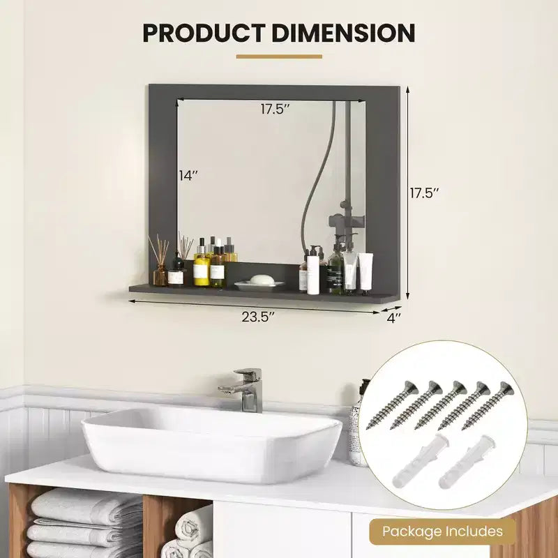 Miroir de salle de bains avec étagère, miroir de coiffeuse à cadre rectangulaire en bois