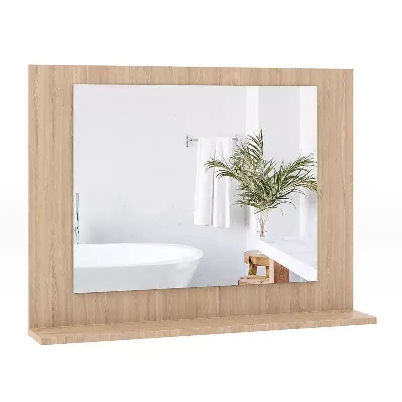Badezimmerspiegel mit Ablage und rechteckigem Holzrahmen